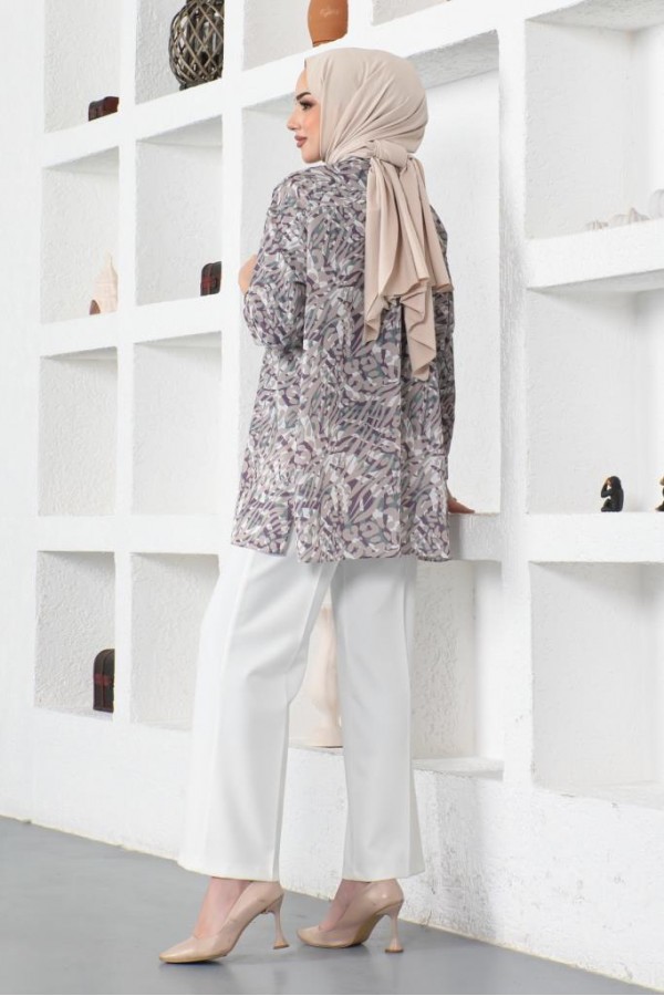  Desenli Tesettür Gömlek Bej 8882