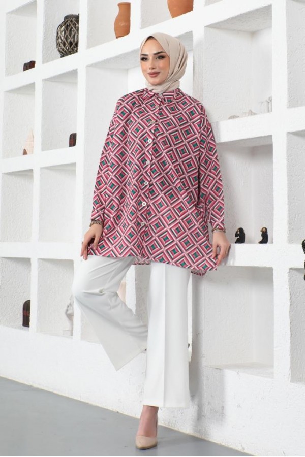  Desenli Tesettür Gömlek Fuşya 8883