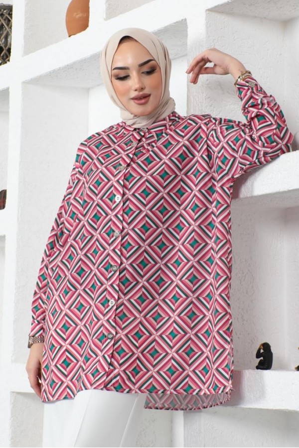  Desenli Tesettür Gömlek Fuşya 8883