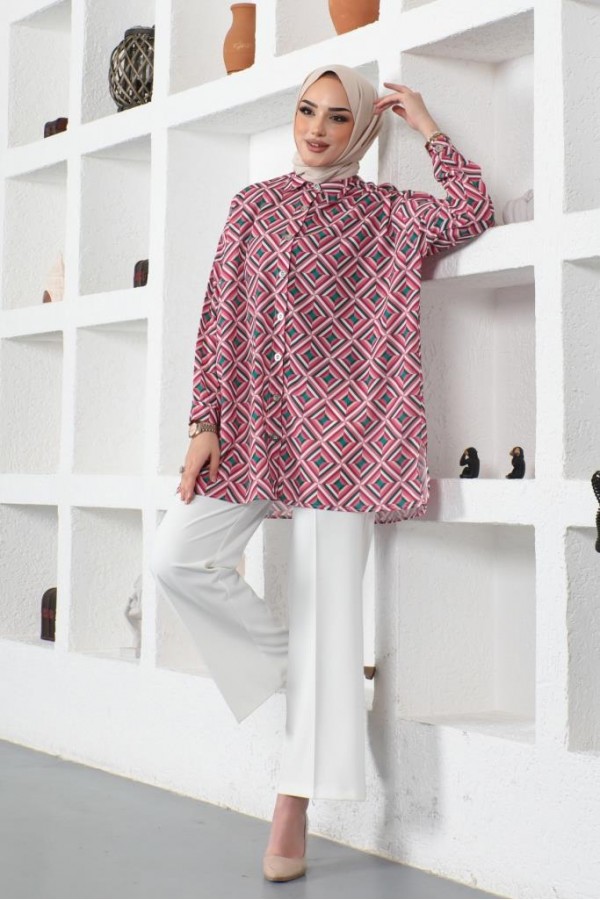  Desenli Tesettür Gömlek Fuşya 8883
