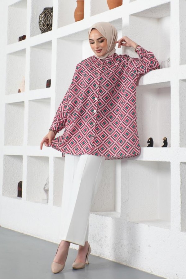  Desenli Tesettür Gömlek Fuşya 8883