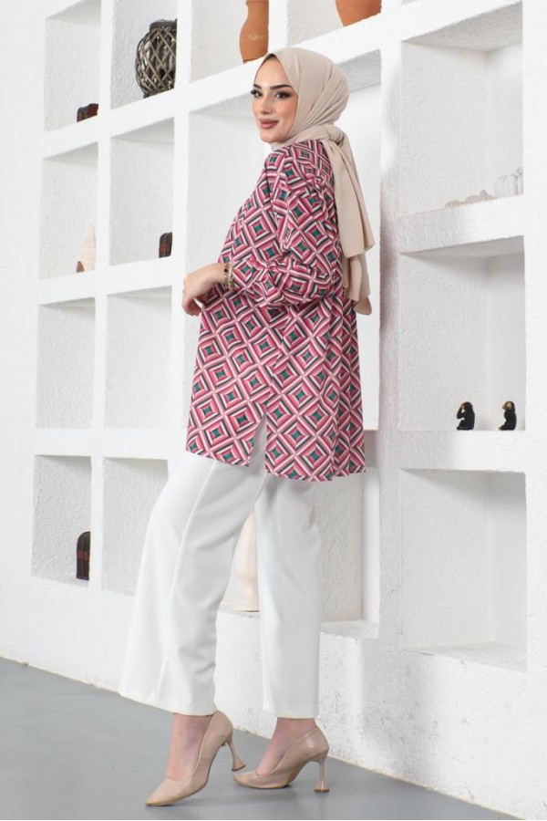  Desenli Tesettür Gömlek Fuşya 8883