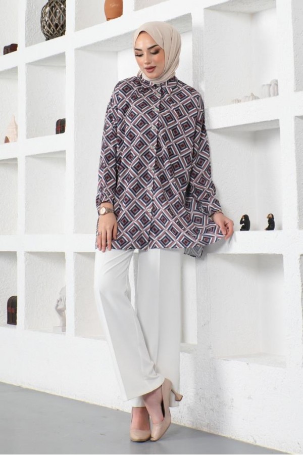  Desenli Tesettür Gömlek Kahverengi 8883