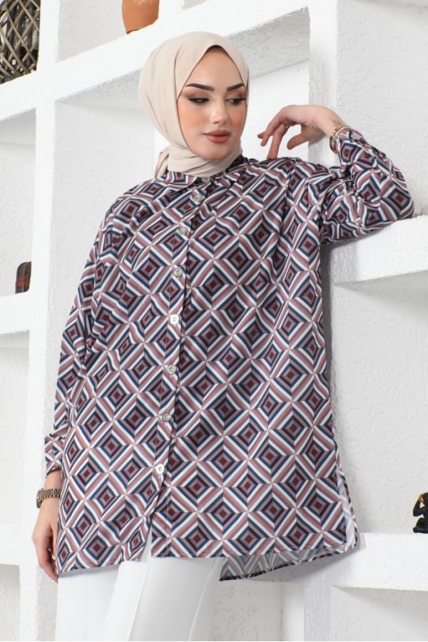  Desenli Tesettür Gömlek Kahverengi 8883