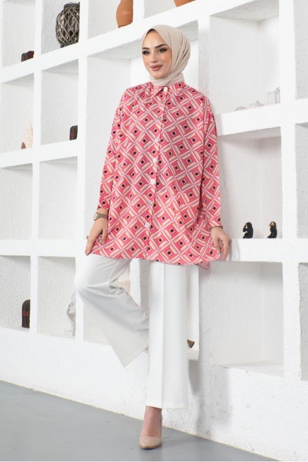  Desenli Tesettür Gömlek Pembe 8883