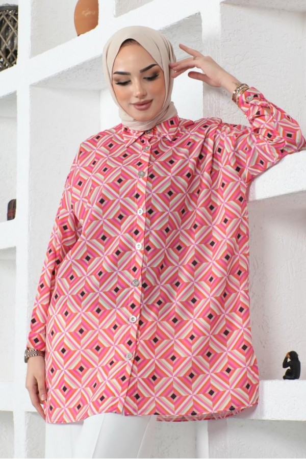  Desenli Tesettür Gömlek Pembe 8883