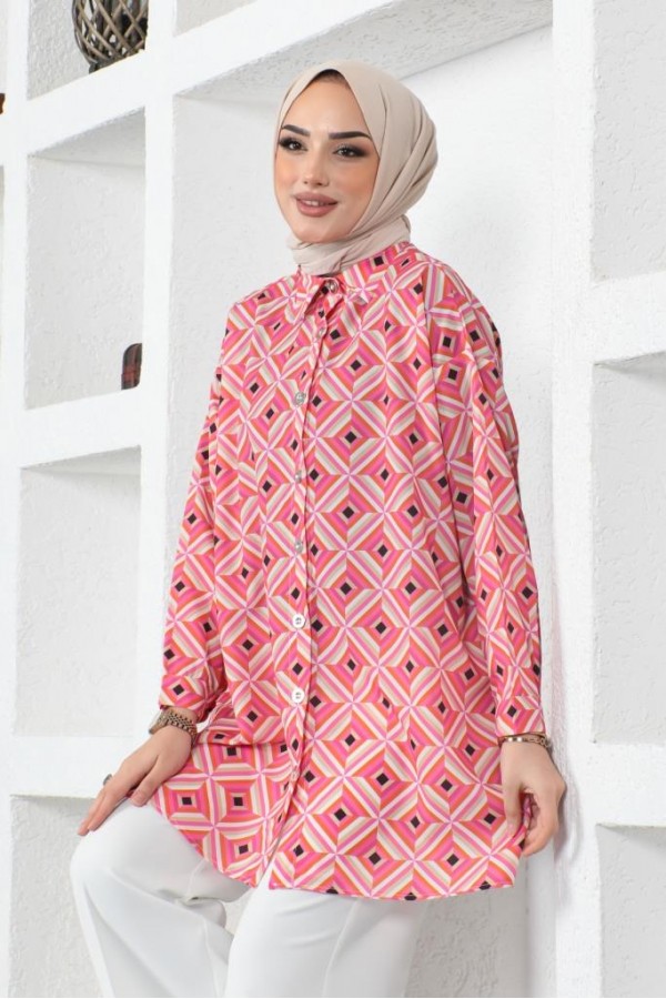  Desenli Tesettür Gömlek Pembe 8883