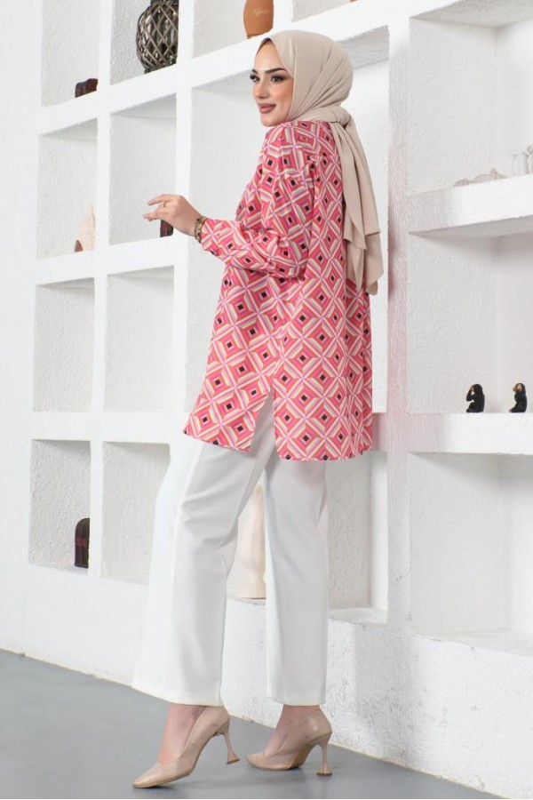  Desenli Tesettür Gömlek Pembe 8883