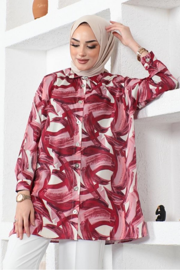 Desenli Tesettür Gömlek Bordo 8884 Desenli Tesettür Gömlek Bordo 8884
