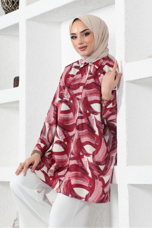 Desenli Tesettür Gömlek Bordo 8884 Desenli Tesettür Gömlek Bordo 8884