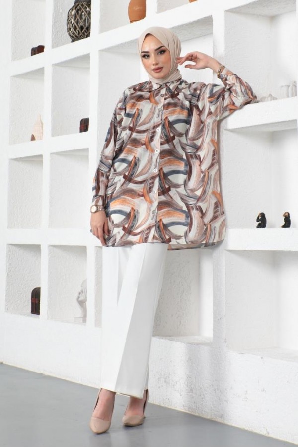 Desenli Tesettür Gömlek Kahverengi 8884 Desenli Tesettür Gömlek Kahverengi 8884