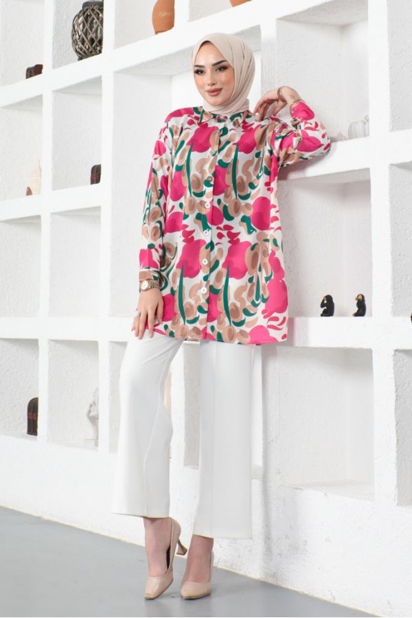 Desenli Tesettür Gömlek Fuşya 8885
