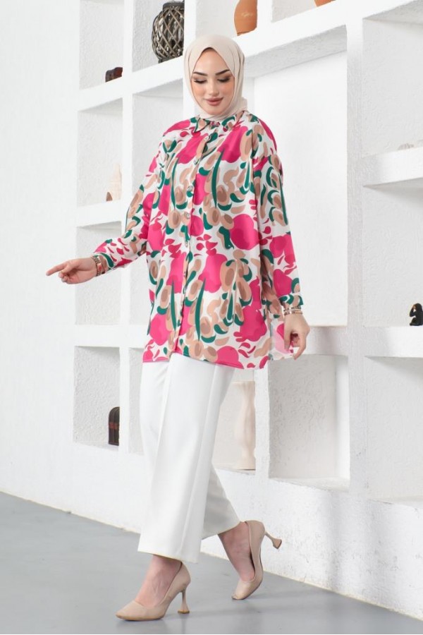 Desenli Tesettür Gömlek Fuşya 8885