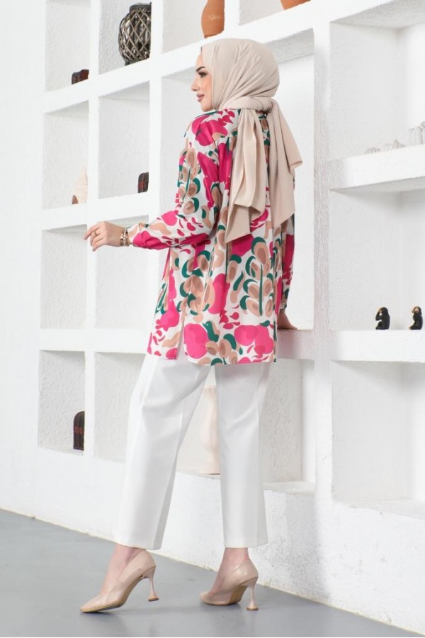  Desenli Tesettür Gömlek Fuşya 8885