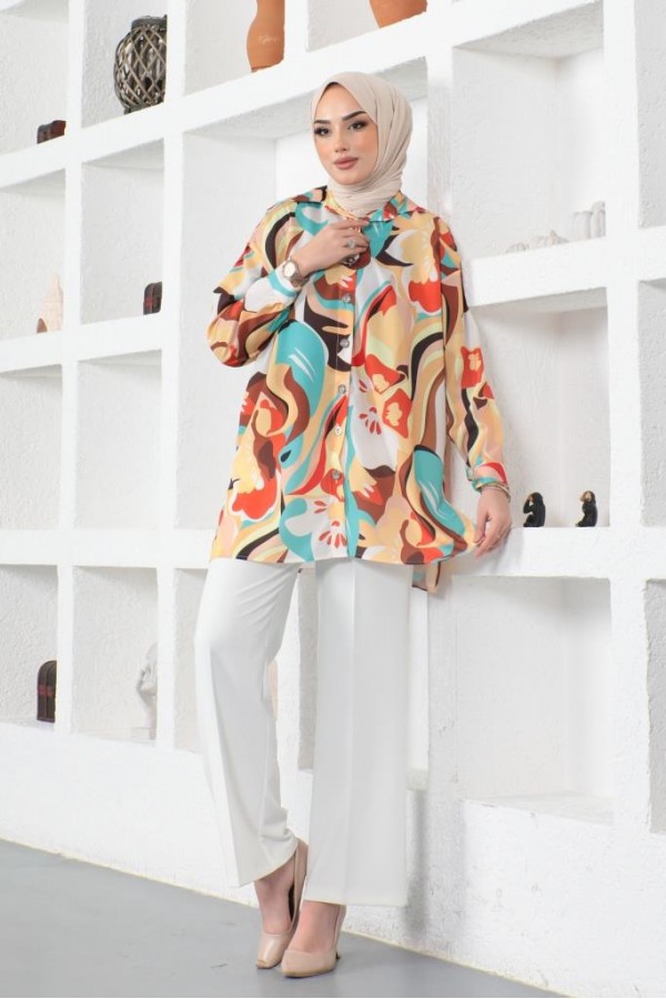 Desenli Tesettür Gömlek Hardal 8885 Desenli Tesettür Gömlek Hardal 8885