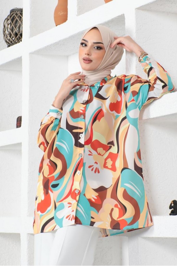 Desenli Tesettür Gömlek Hardal 8885 Desenli Tesettür Gömlek Hardal 8885