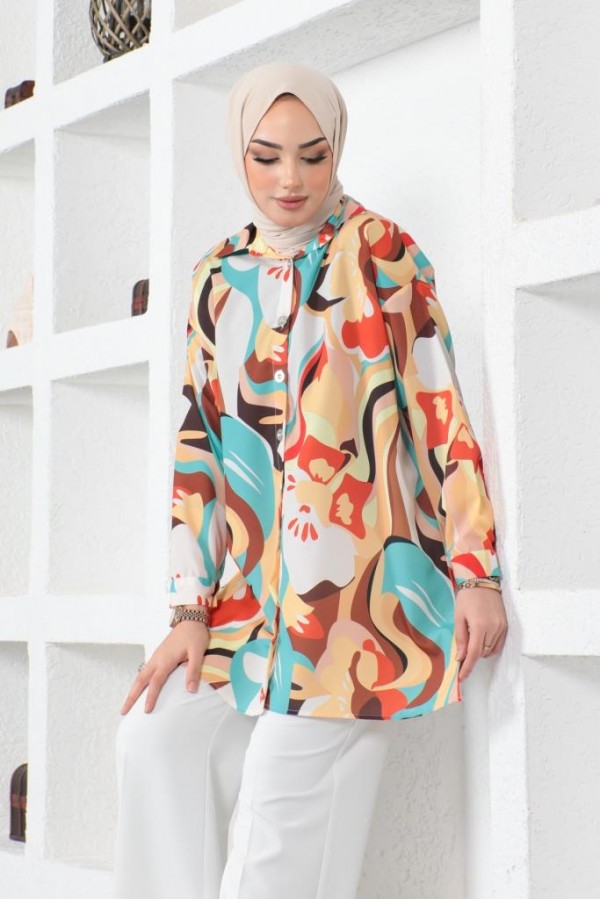 Desenli Tesettür Gömlek Hardal 8885 Desenli Tesettür Gömlek Hardal 8885
