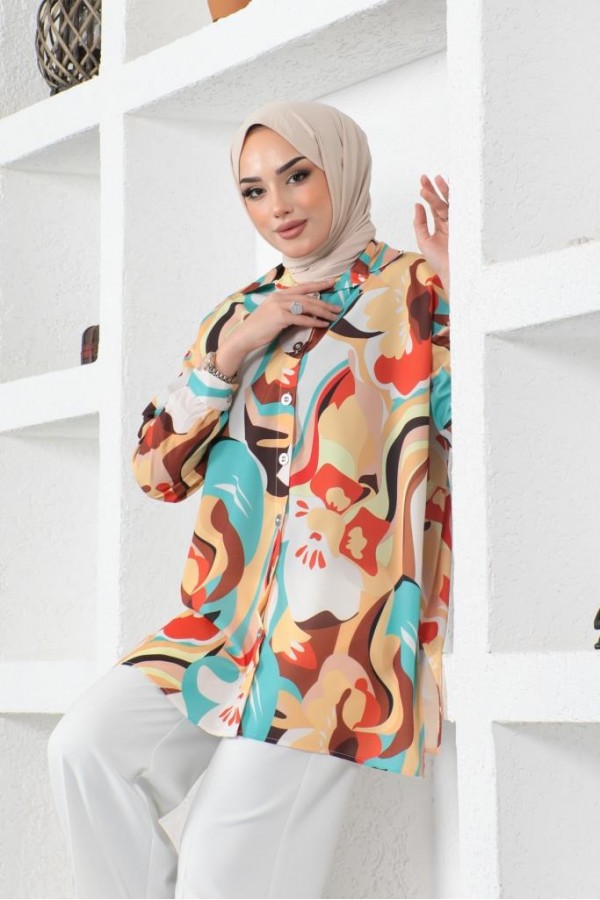 Desenli Tesettür Gömlek Hardal 8885 Desenli Tesettür Gömlek Hardal 8885
