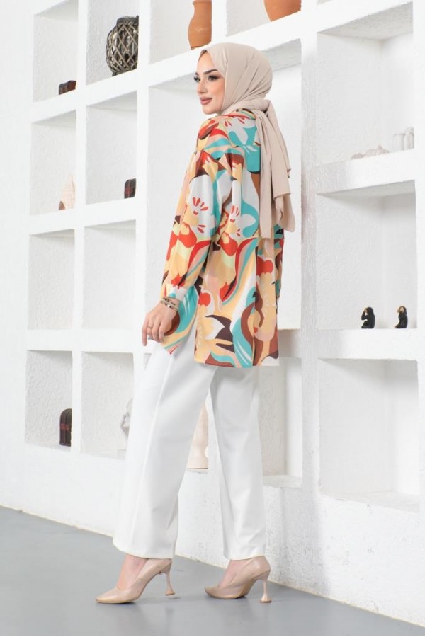 Desenli Tesettür Gömlek Hardal 8885 Desenli Tesettür Gömlek Hardal 8885