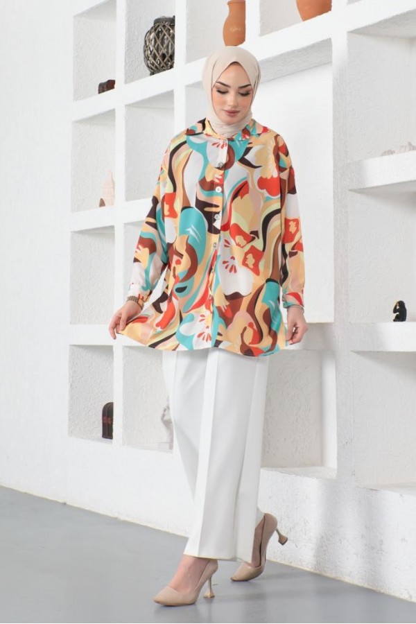 Desenli Tesettür Gömlek Hardal 8885 Desenli Tesettür Gömlek Hardal 8885