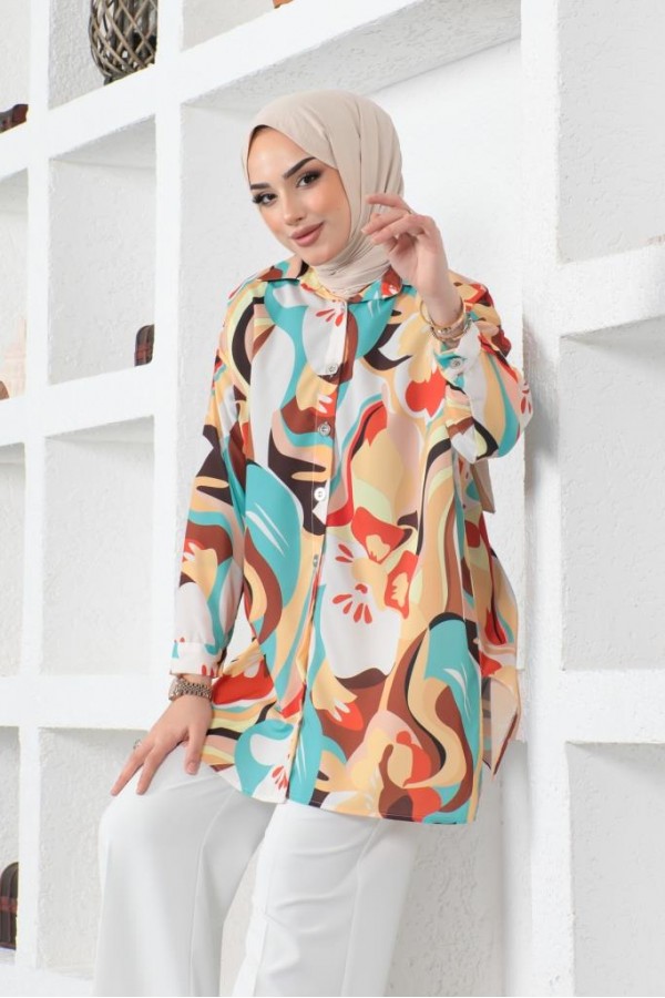 Desenli Tesettür Gömlek Hardal 8885 Desenli Tesettür Gömlek Hardal 8885