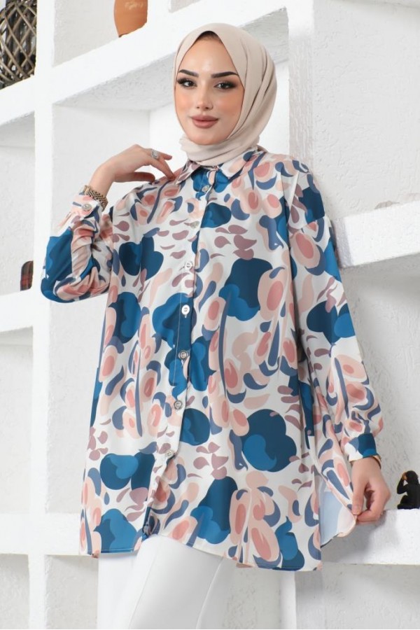 Desenli Tesettür Gömlek İndigo 8885