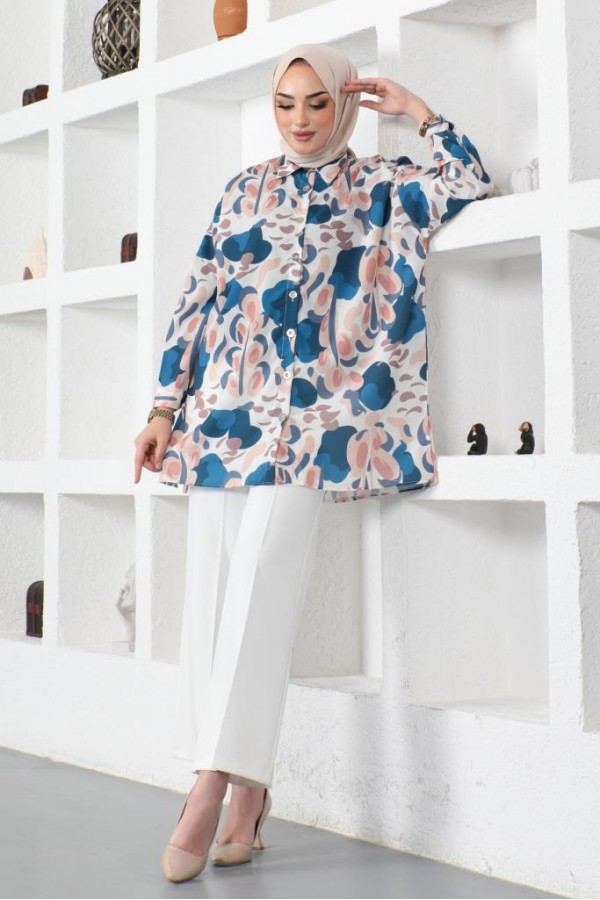  Desenli Tesettür Gömlek İndigo 8885