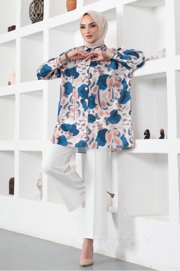  Desenli Tesettür Gömlek İndigo 8885