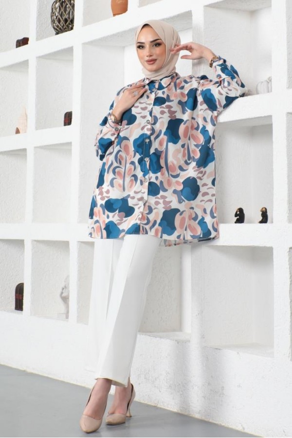  Desenli Tesettür Gömlek İndigo 8885