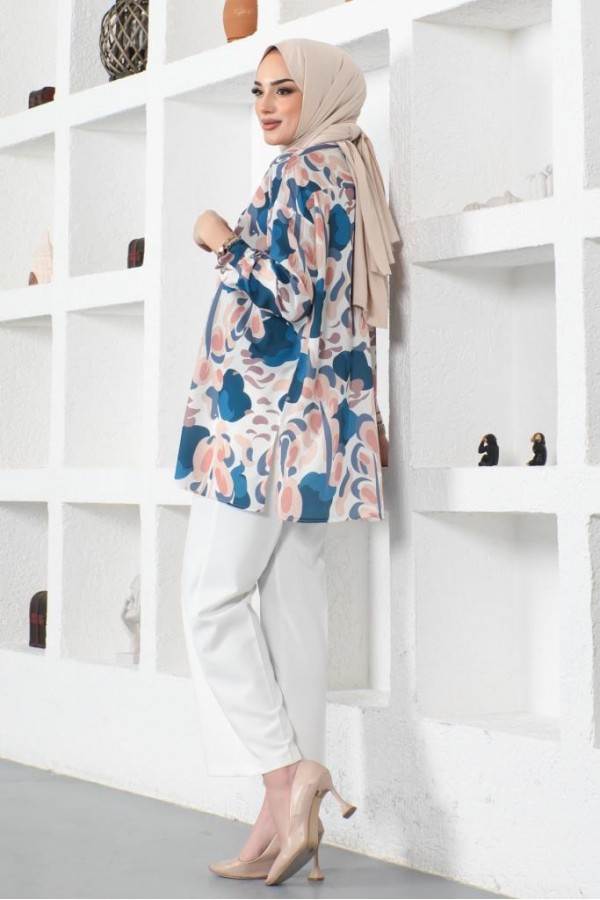  Desenli Tesettür Gömlek İndigo 8885