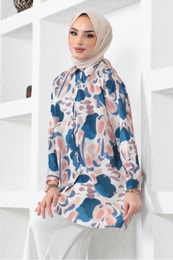  Desenli Tesettür Gömlek İndigo 8885