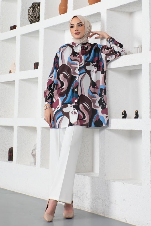  Desenli Tesettür Gömlek Kahverengi 8885