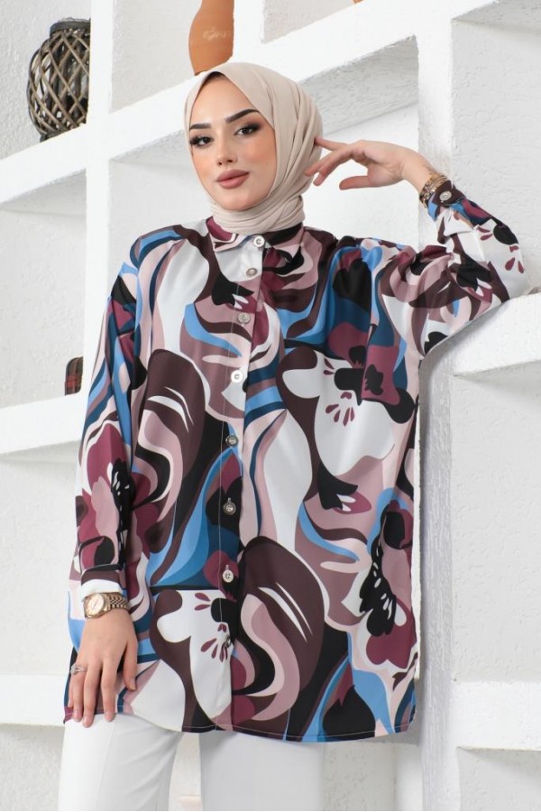  Desenli Tesettür Gömlek Kahverengi 8885