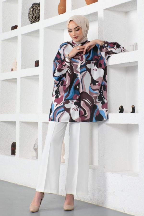  Desenli Tesettür Gömlek Kahverengi 8885