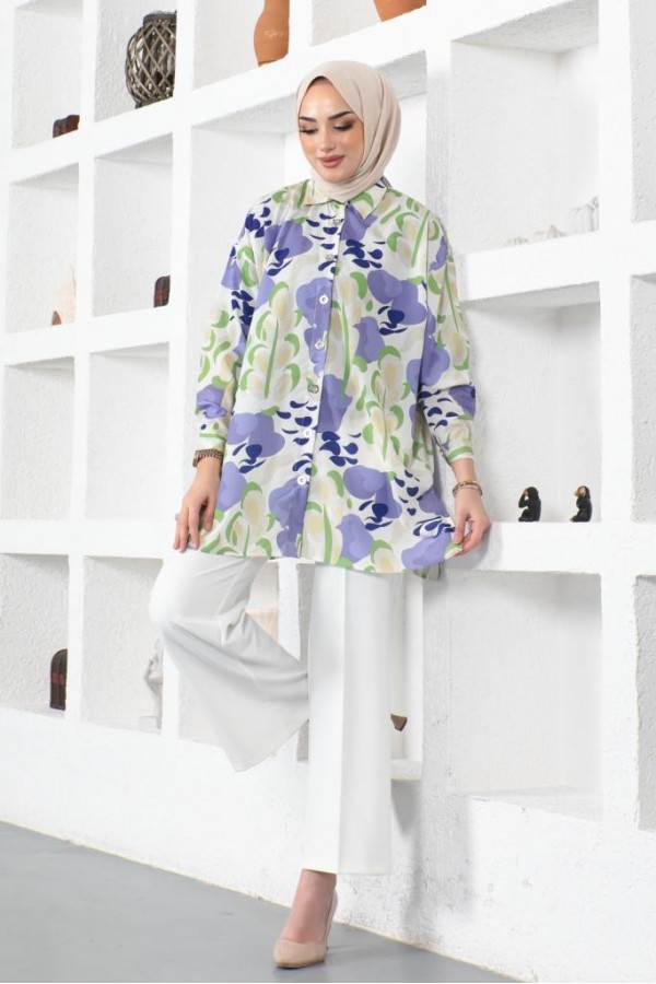  Desenli Tesettür Gömlek Lila 8885