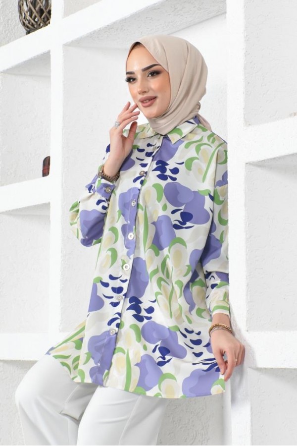  Desenli Tesettür Gömlek Lila 8885