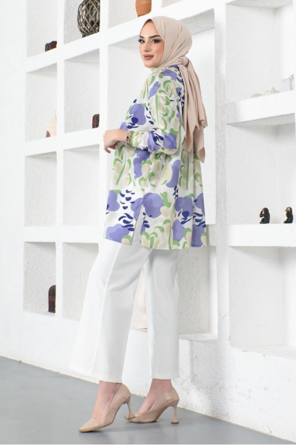  Desenli Tesettür Gömlek Lila 8885