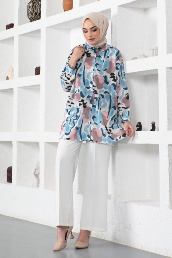  Desenli Tesettür Gömlek Mavi 8885