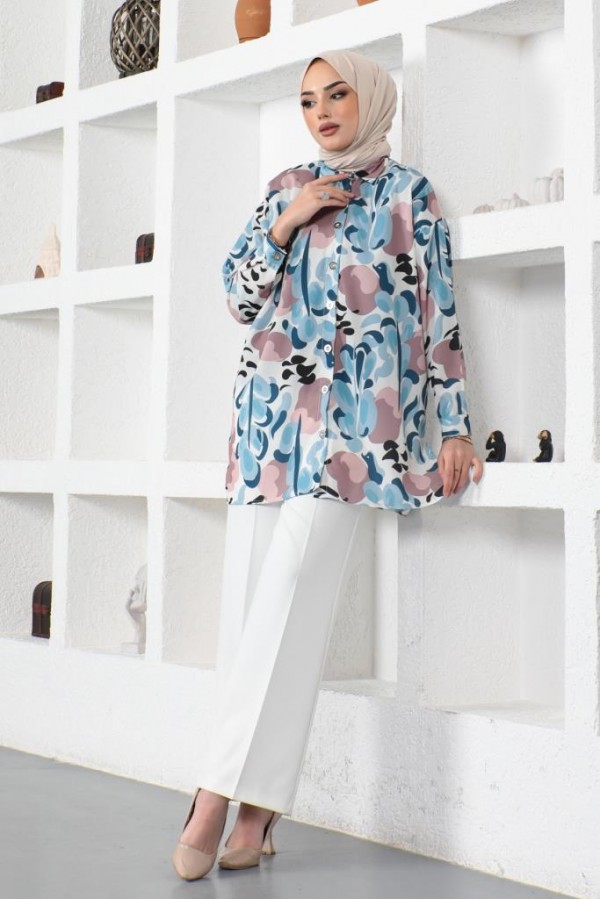 Desenli Tesettür Gömlek Mavi 8885