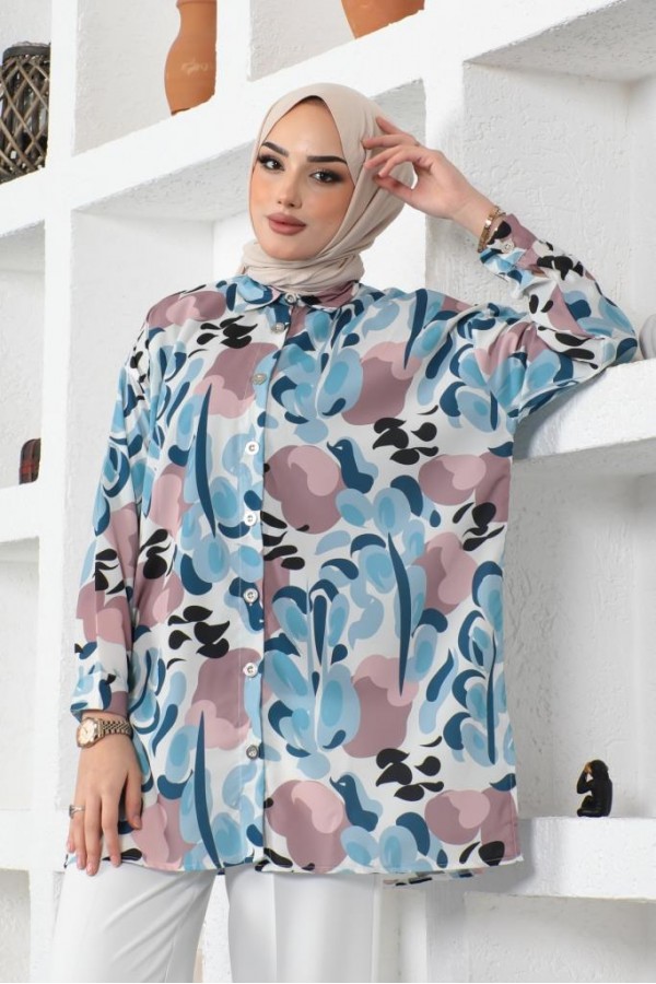  Desenli Tesettür Gömlek Mavi 8885