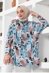  Desenli Tesettür Gömlek Mavi 8885