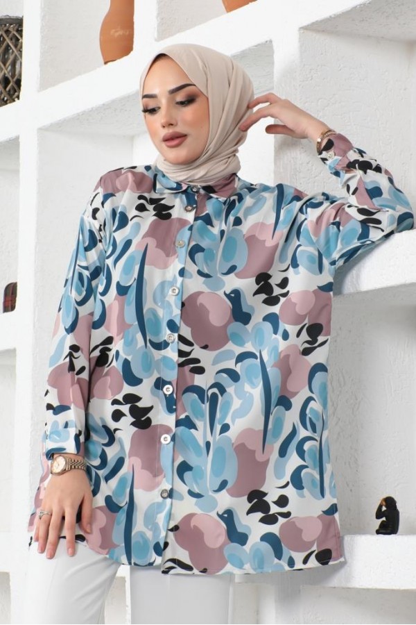  Desenli Tesettür Gömlek Mavi 8885