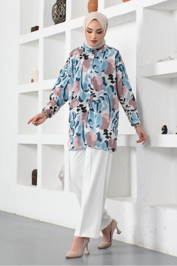  Desenli Tesettür Gömlek Mavi 8885