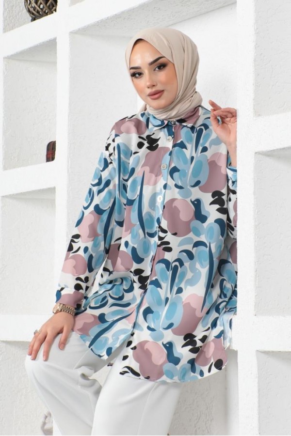  Desenli Tesettür Gömlek Mavi 8885