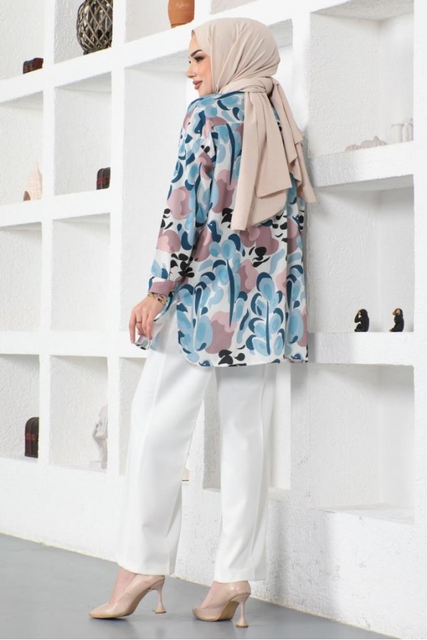  Desenli Tesettür Gömlek Mavi 8885