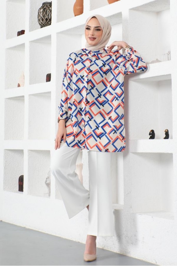  Desenli Tesettür Gömlek Saks Mavisi 8886