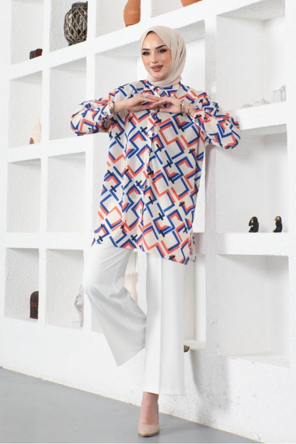  Desenli Tesettür Gömlek Saks Mavisi 8886