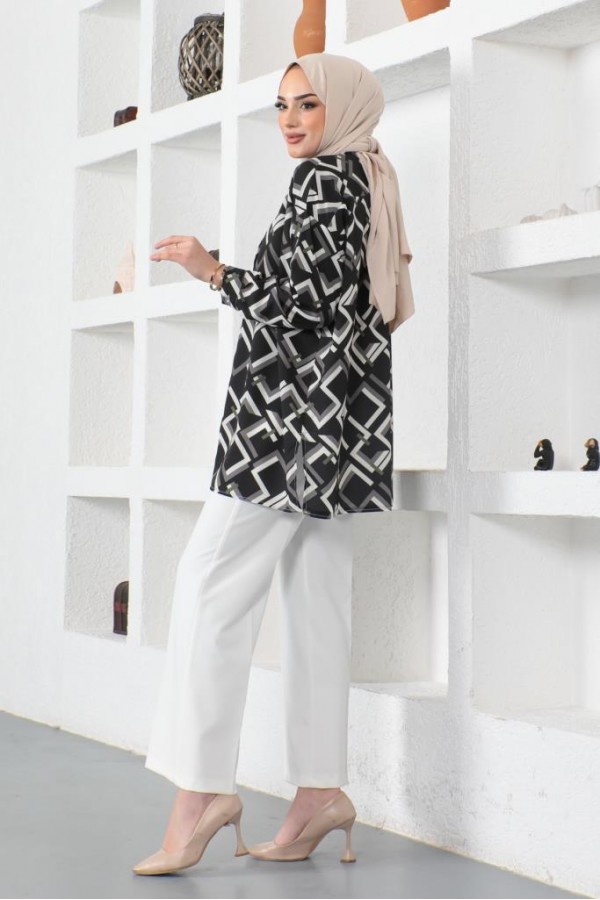  Desenli Tesettür Gömlek Siyah 8886