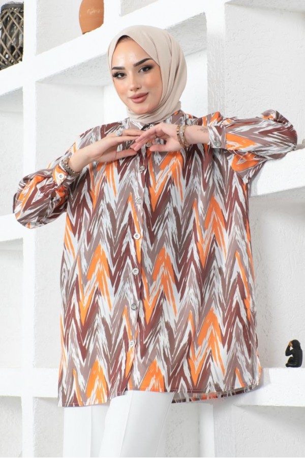  Desenli Tesettür Gömlek Kahverengi 8887