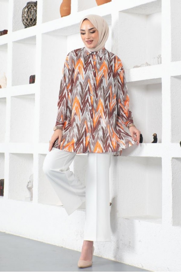  Desenli Tesettür Gömlek Kahverengi 8887